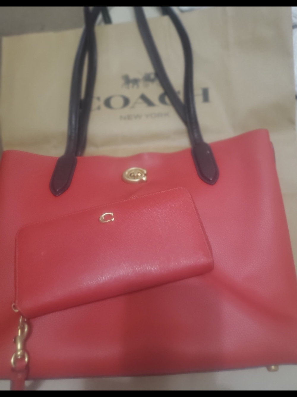 Coach Red Leather Tote (LARGE) with Matching Red Zip Wallet and Dark Handles
